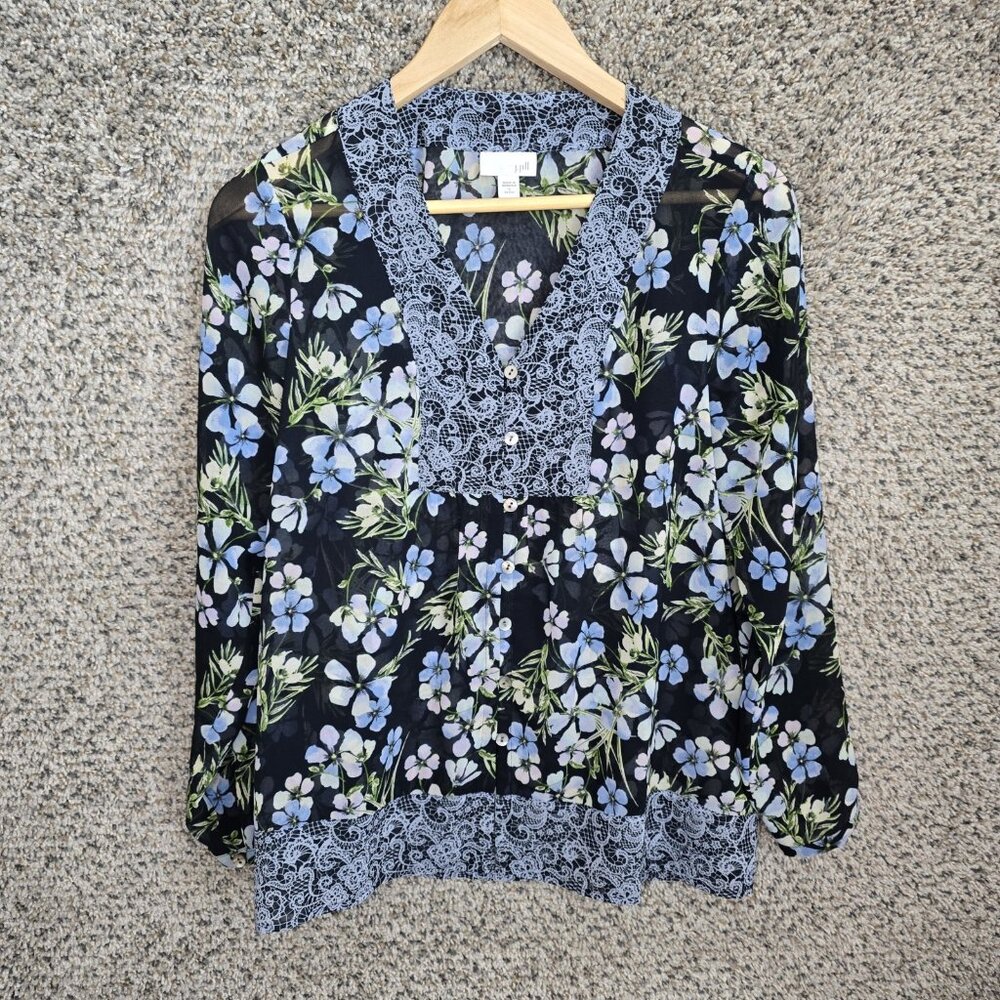 J Jill Top Womens SP Petite Small Blue Floral‎ Print Sheer Chiffon Blouse Ladies